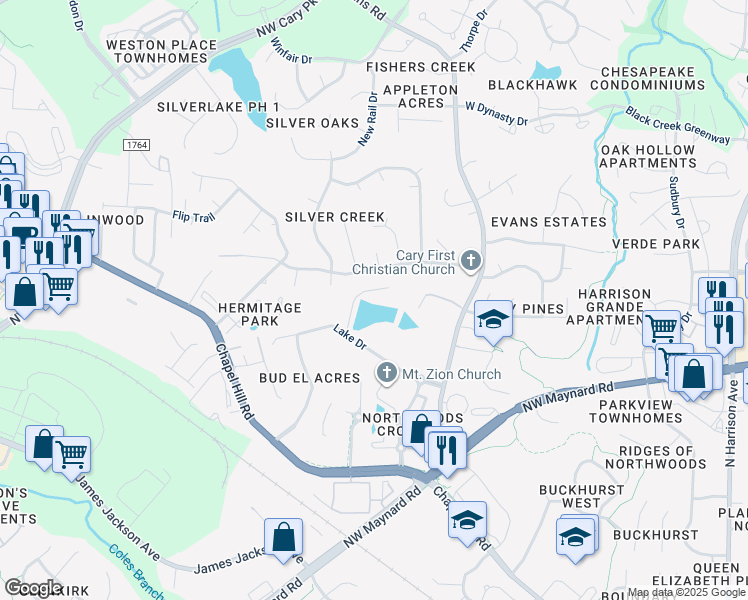 map of restaurants, bars, coffee shops, grocery stores, and more near 102 Anna Lake Lane in Cary