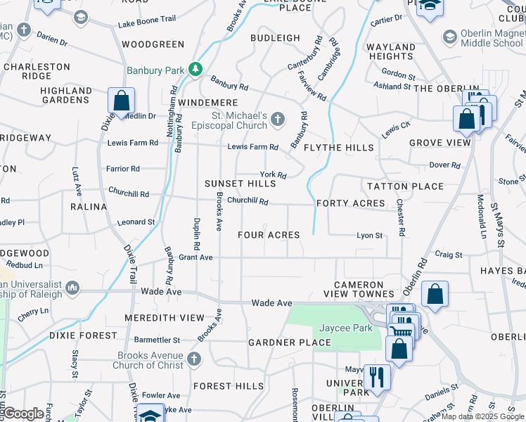 map of restaurants, bars, coffee shops, grocery stores, and more near 2631 Churchill Road in Raleigh