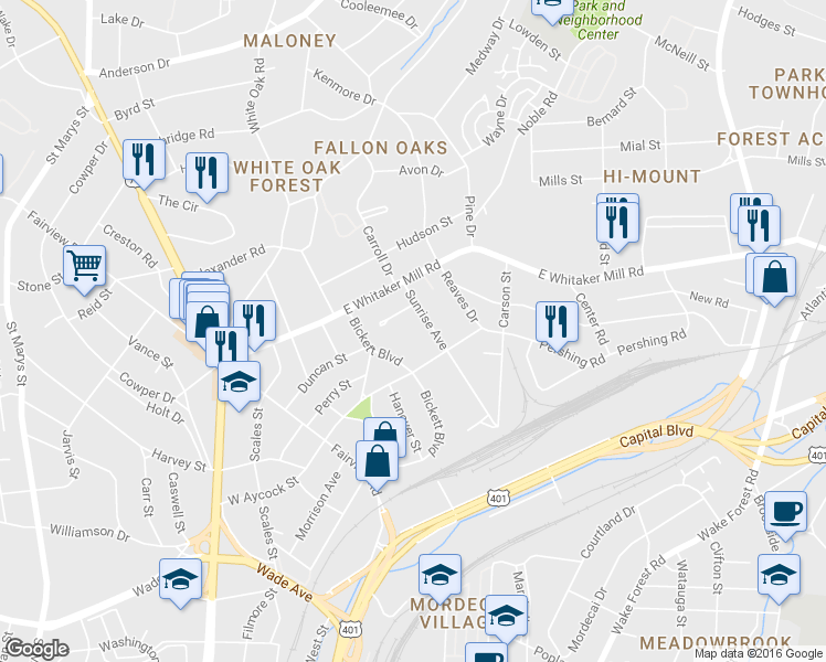 map of restaurants, bars, coffee shops, grocery stores, and more near 1615 Sunrise Avenue in Raleigh