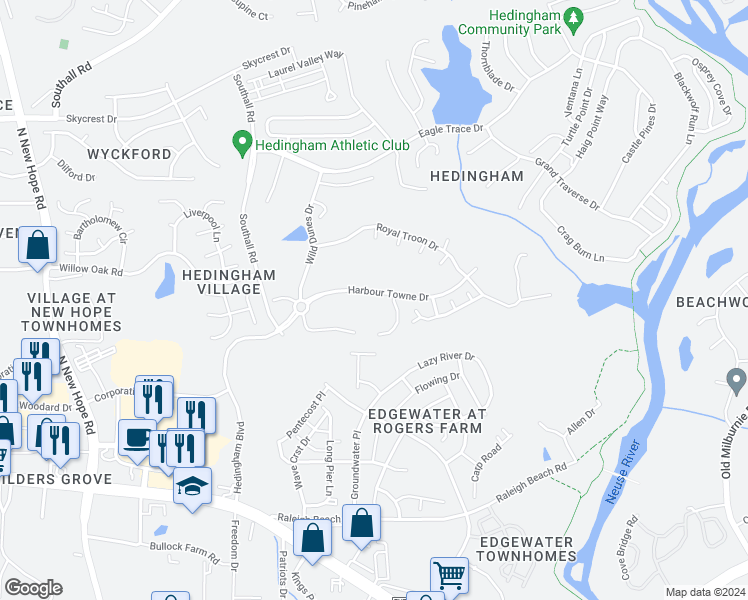 map of restaurants, bars, coffee shops, grocery stores, and more near 4952 Harbour Towne Drive in Raleigh