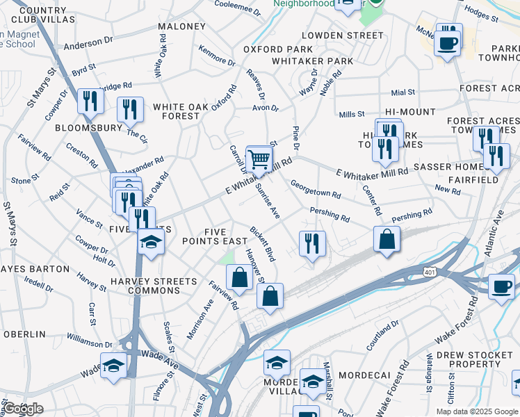 map of restaurants, bars, coffee shops, grocery stores, and more near 1615 Sunrise Avenue in Raleigh