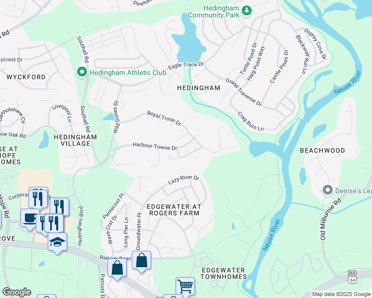 map of restaurants, bars, coffee shops, grocery stores, and more near 1798 Point OWoods Court in Raleigh