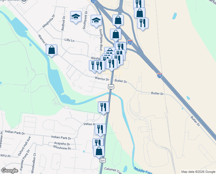 map of restaurants, bars, coffee shops, grocery stores, and more near 205 Warrior Drive in Murfreesboro