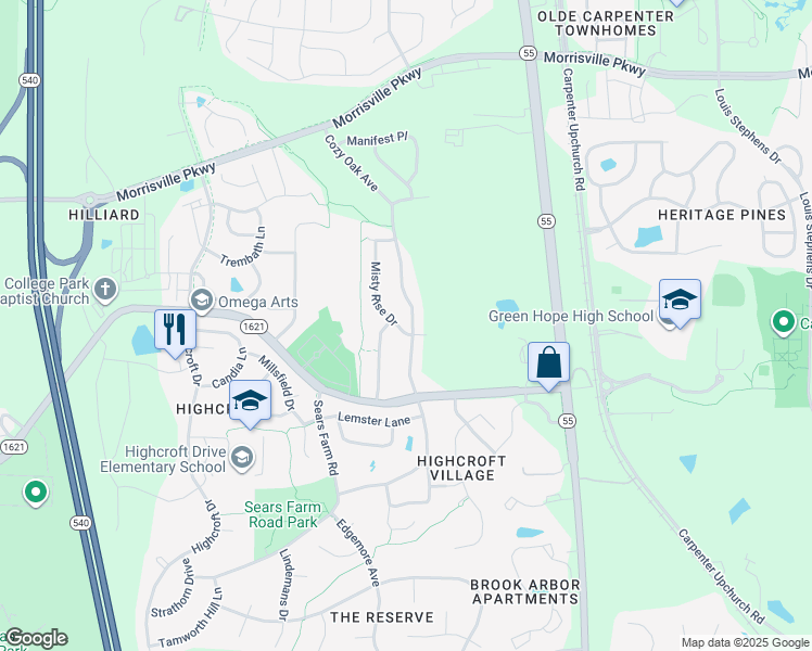 map of restaurants, bars, coffee shops, grocery stores, and more near 3108 Misty Rise Drive in Cary