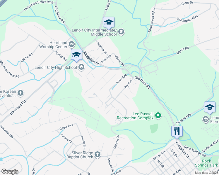 map of restaurants, bars, coffee shops, grocery stores, and more near 182 Ash Avenue in Lenoir City
