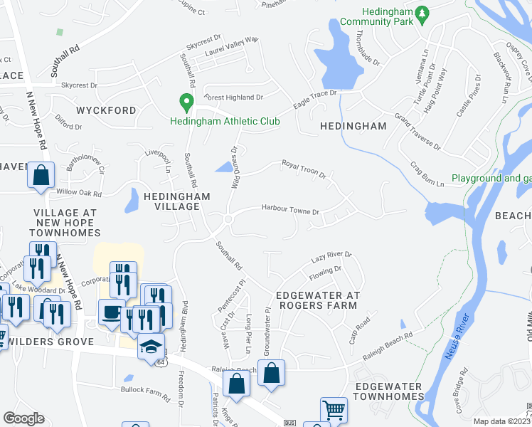 map of restaurants, bars, coffee shops, grocery stores, and more near 4932 Harbour Towne Drive in Raleigh