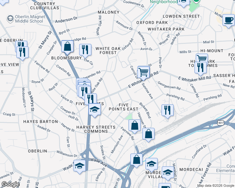 map of restaurants, bars, coffee shops, grocery stores, and more near 301 West Whitaker Mill Road in Raleigh