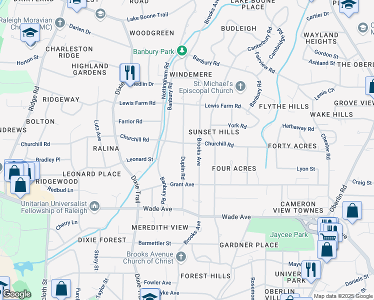 map of restaurants, bars, coffee shops, grocery stores, and more near 1340 Duplin Road in Raleigh