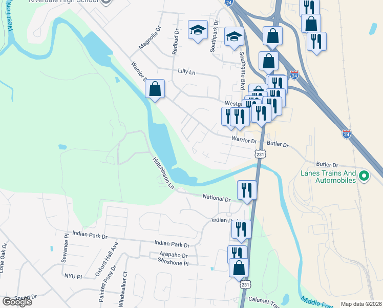 map of restaurants, bars, coffee shops, grocery stores, and more near 325 Warrior Drive in Murfreesboro