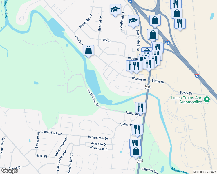 map of restaurants, bars, coffee shops, grocery stores, and more near 325 Warrior Drive in Murfreesboro
