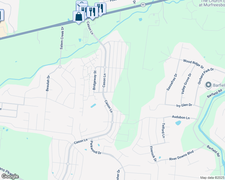 map of restaurants, bars, coffee shops, grocery stores, and more near 2295 Cason Lane in Murfreesboro