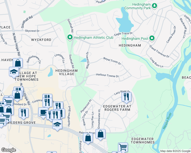 map of restaurants, bars, coffee shops, grocery stores, and more near 4920 Harbour Towne Drive in Raleigh