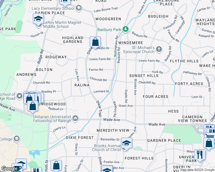 map of restaurants, bars, coffee shops, grocery stores, and more near 1309 Nottingham Rd in Raleigh
