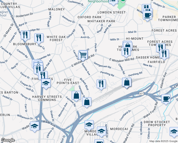 map of restaurants, bars, coffee shops, grocery stores, and more near 1608 Sunrise Avenue in Raleigh