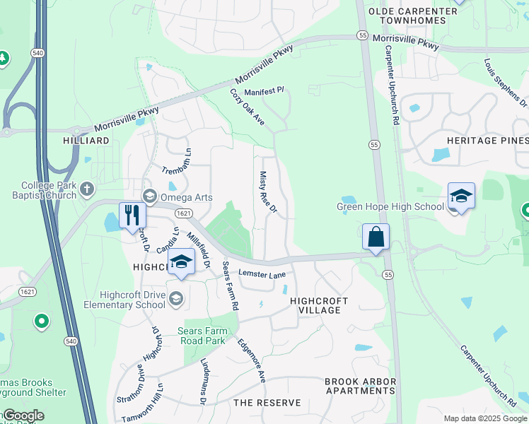 map of restaurants, bars, coffee shops, grocery stores, and more near 2004 Crampton Grove Way in Cary