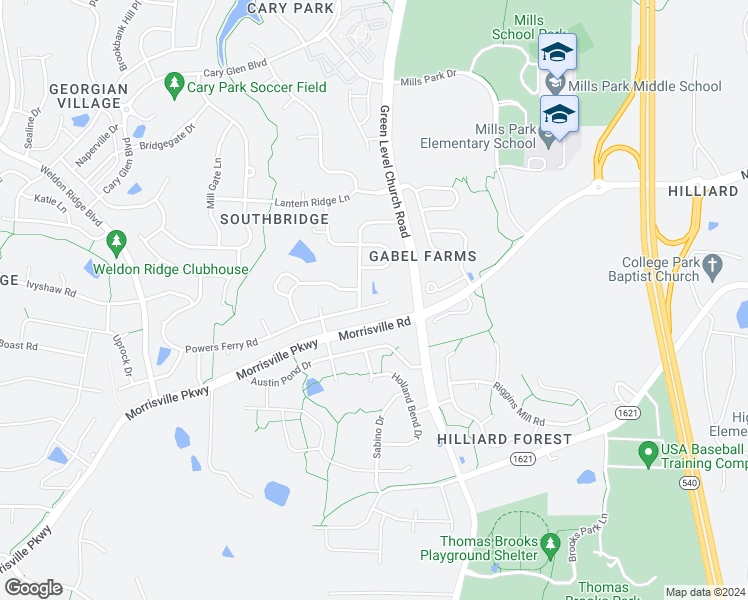 map of restaurants, bars, coffee shops, grocery stores, and more near 621 Powers Ferry Road in Cary