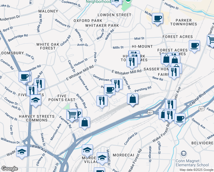 map of restaurants, bars, coffee shops, grocery stores, and more near 403 Pershing Road in Raleigh
