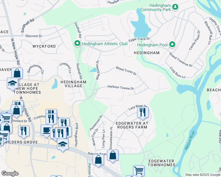 map of restaurants, bars, coffee shops, grocery stores, and more near 4920 Harbour Towne Drive in Raleigh