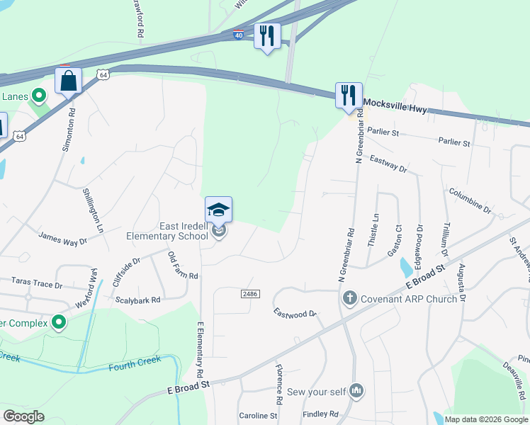 map of restaurants, bars, coffee shops, grocery stores, and more near 609 Haywood Lane in Statesville