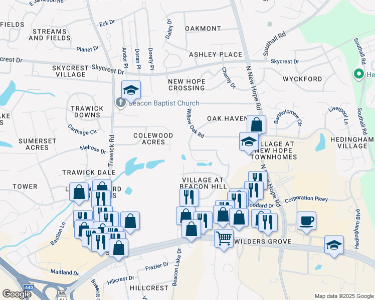 map of restaurants, bars, coffee shops, grocery stores, and more near 3871 Pin Oak Road in Raleigh