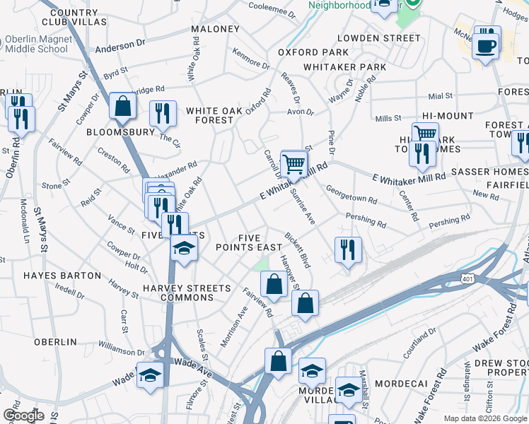 map of restaurants, bars, coffee shops, grocery stores, and more near 1808 Bickett Boulevard in Raleigh