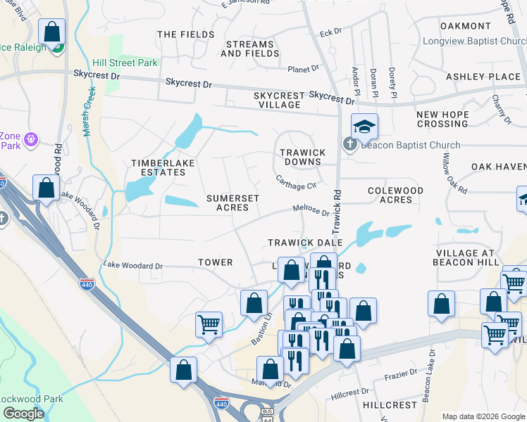 map of restaurants, bars, coffee shops, grocery stores, and more near 3601 Melrose Drive in Raleigh