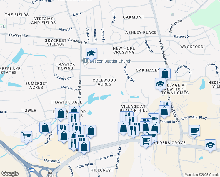 map of restaurants, bars, coffee shops, grocery stores, and more near 3706 Hester Circle in Raleigh
