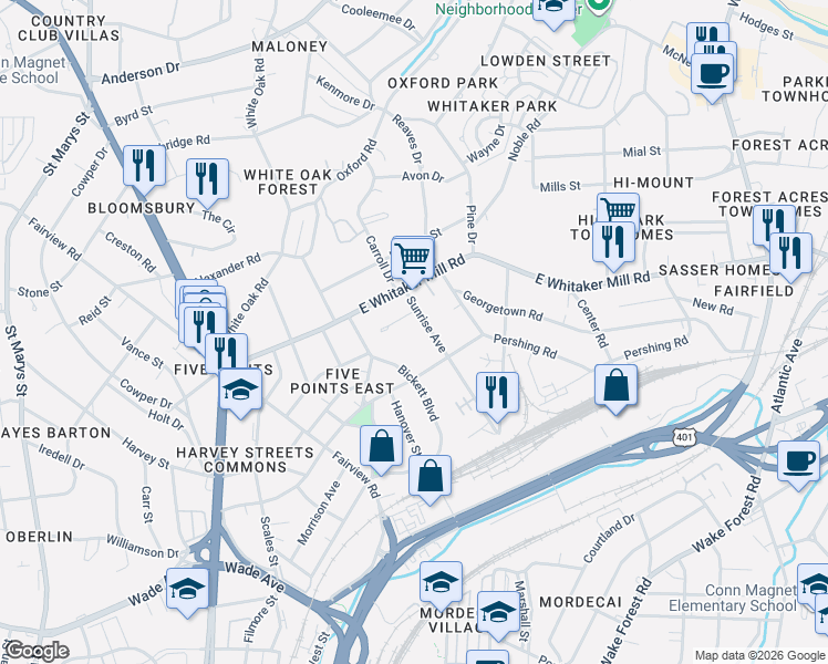 map of restaurants, bars, coffee shops, grocery stores, and more near 112 Village Mill Place in Raleigh
