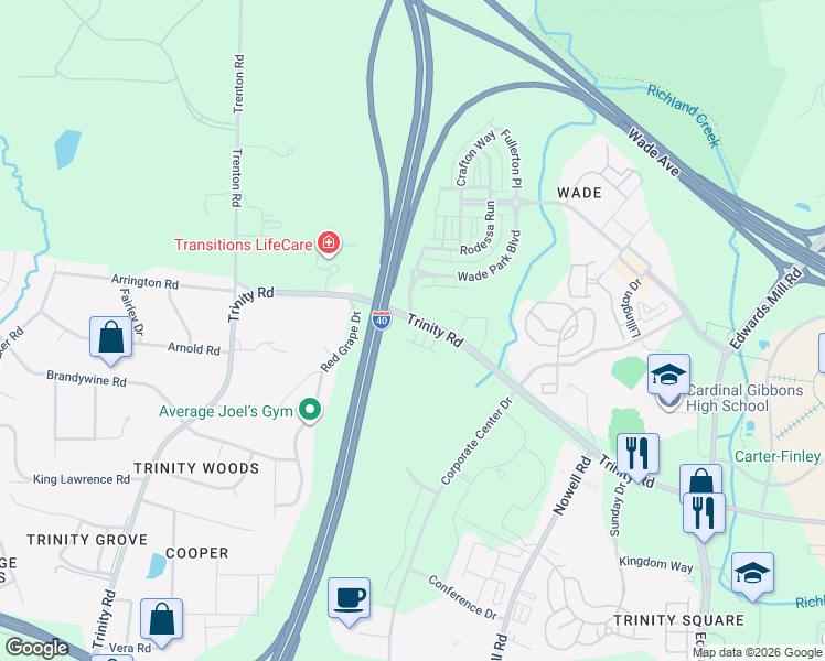 map of restaurants, bars, coffee shops, grocery stores, and more near 5739 Trinity Road in Raleigh