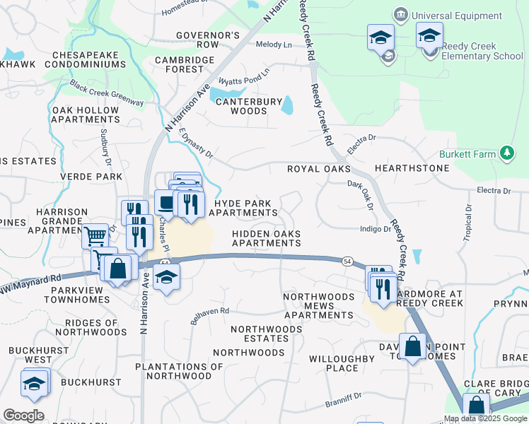 map of restaurants, bars, coffee shops, grocery stores, and more near 200 Hyde Park Court in Cary