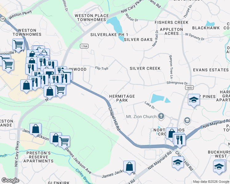 map of restaurants, bars, coffee shops, grocery stores, and more near 1507 Fairbanks Road in Cary