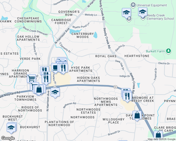 map of restaurants, bars, coffee shops, grocery stores, and more near 200 Hyde Park Court in Cary