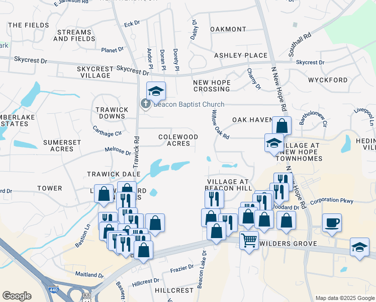 map of restaurants, bars, coffee shops, grocery stores, and more near 3706 Hester Circle in Raleigh