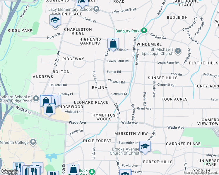 map of restaurants, bars, coffee shops, grocery stores, and more near 1317 Dixie Trail in Raleigh