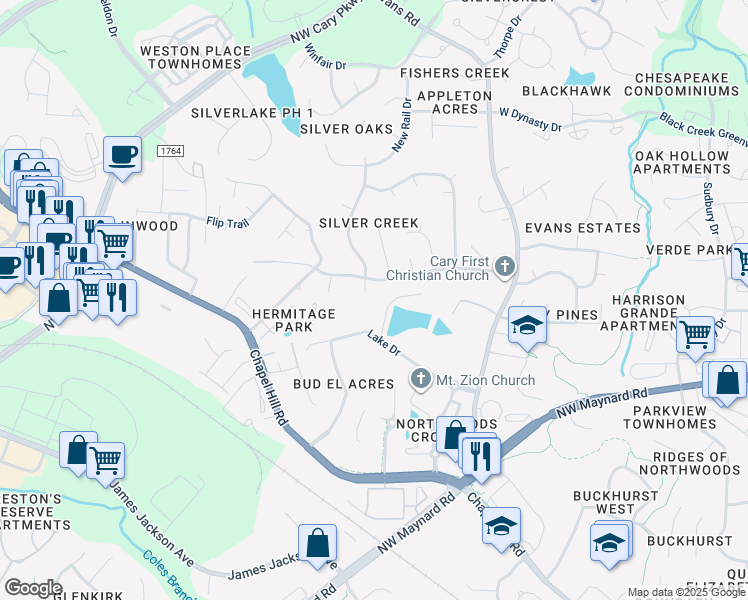 map of restaurants, bars, coffee shops, grocery stores, and more near 105 White Sedge Drive in Cary
