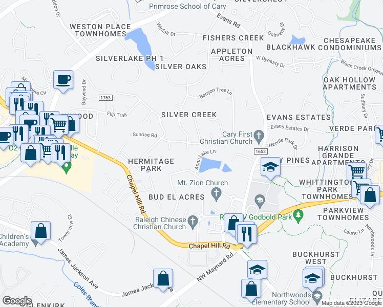 map of restaurants, bars, coffee shops, grocery stores, and more near 105 White Sedge Drive in Cary