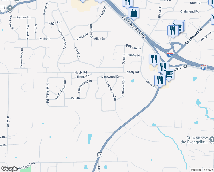 map of restaurants, bars, coffee shops, grocery stores, and more near 3203 Springwood Circle in Jonesboro