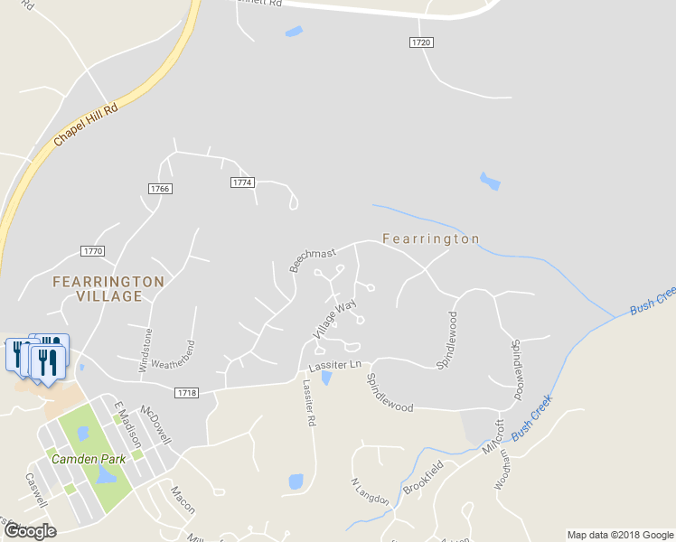 map of restaurants, bars, coffee shops, grocery stores, and more near Weymouth Close in Fearrington