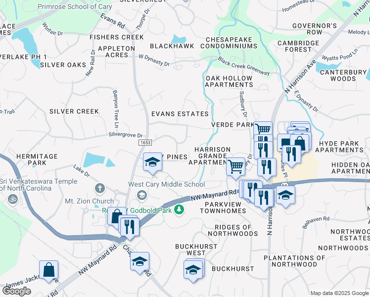 map of restaurants, bars, coffee shops, grocery stores, and more near 411 Cary Pines Drive in Cary