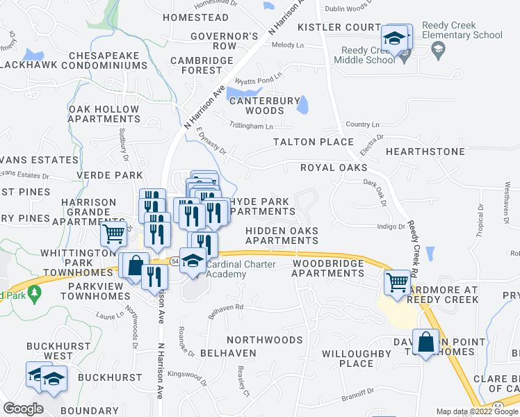 map of restaurants, bars, coffee shops, grocery stores, and more near 204 Hyde Park Court in Cary