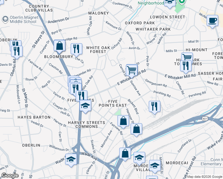 map of restaurants, bars, coffee shops, grocery stores, and more near 201 West Whitaker Mill Road in Raleigh