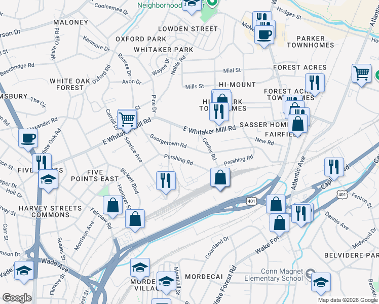 map of restaurants, bars, coffee shops, grocery stores, and more near 513B Pershing Road in Raleigh