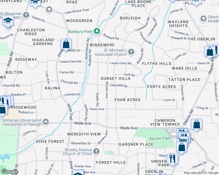 map of restaurants, bars, coffee shops, grocery stores, and more near 1336 Brooks Avenue in Raleigh