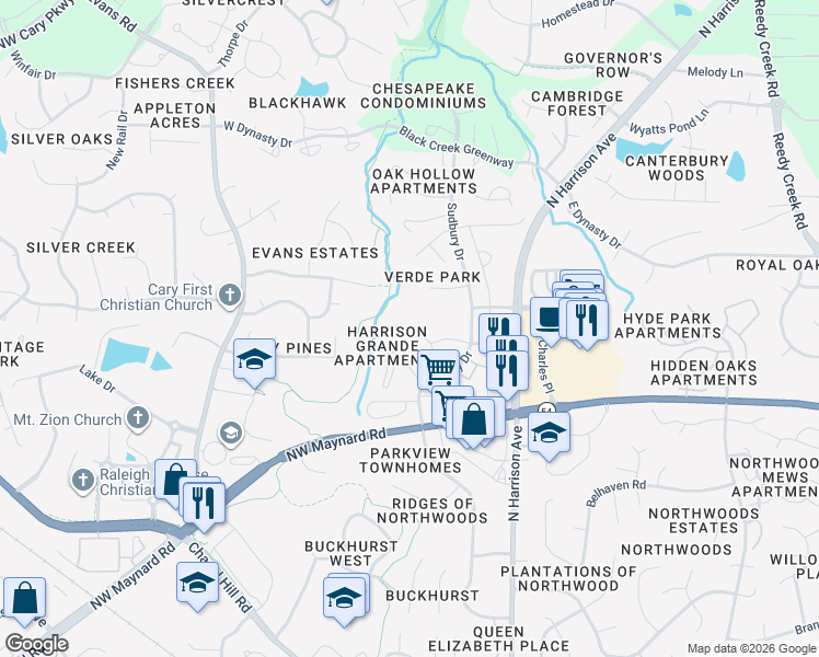 map of restaurants, bars, coffee shops, grocery stores, and more near 1726 Grande Harmony Place in Cary