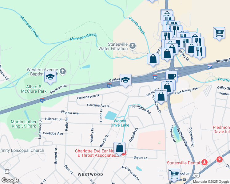 map of restaurants, bars, coffee shops, grocery stores, and more near 625 Carolina Avenue North in Statesville