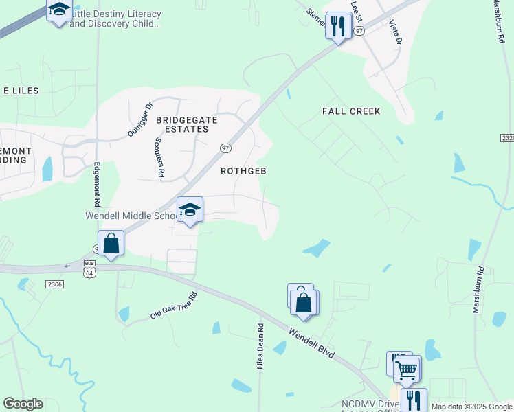 map of restaurants, bars, coffee shops, grocery stores, and more near 1017 Bittbourg Lane in Wendell