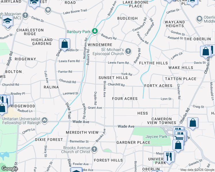 map of restaurants, bars, coffee shops, grocery stores, and more near 1336 Brooks Avenue in Raleigh