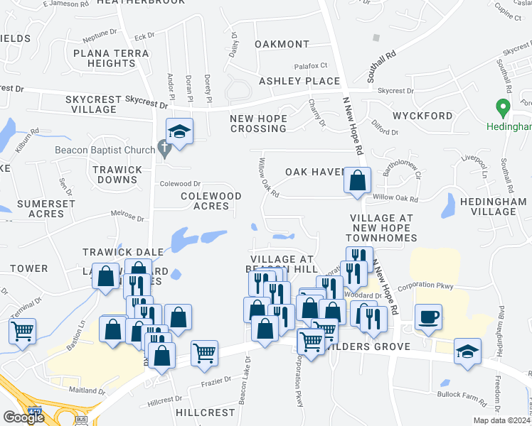 map of restaurants, bars, coffee shops, grocery stores, and more near 4201 Beacon Crest Way in Raleigh