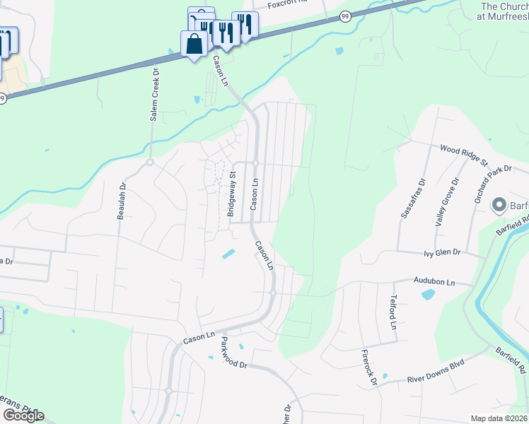 map of restaurants, bars, coffee shops, grocery stores, and more near 2295 Cason Lane in Murfreesboro