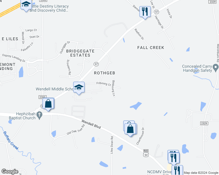 map of restaurants, bars, coffee shops, grocery stores, and more near 1017 Bittbourg Lane in Wendell